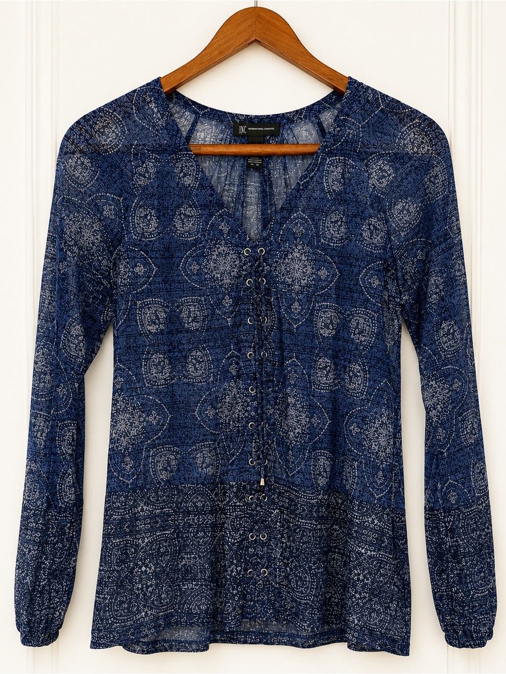 INC International Concepts Blue Paisley Lace-Up Blouse Sheer Long Sleeve Top 
 M